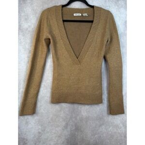 Y2K Energie Women's Gold Metallic Deep V Neck Long Sleeve Sweater Top Size M